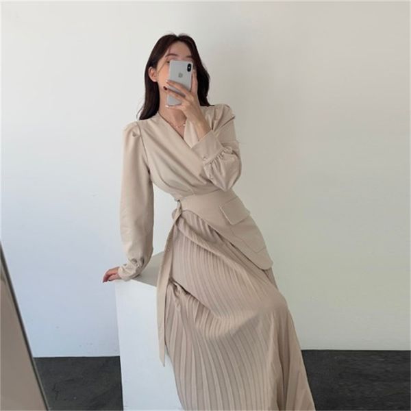 

2021 new 2021 new korean chic retro slim temperament fashion pleated shirt stitching long sleeve dress female c48k, Black;gray