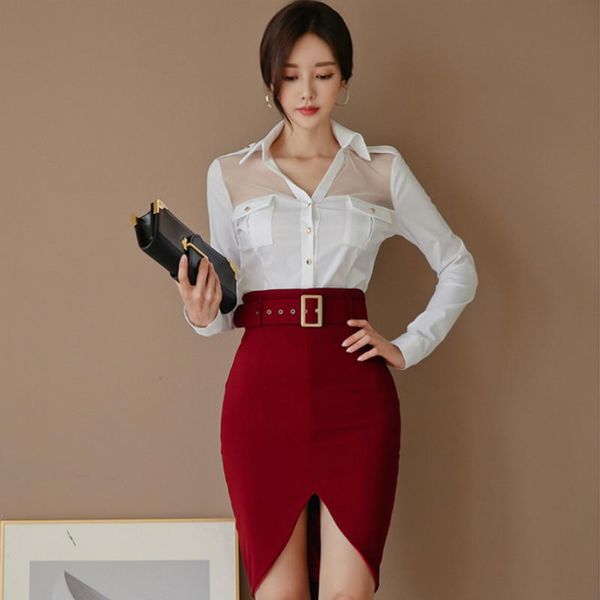 

winter white mesh patchwork blouse office suits bodycon midi red skirt belt two piece sets office dresses, Gray