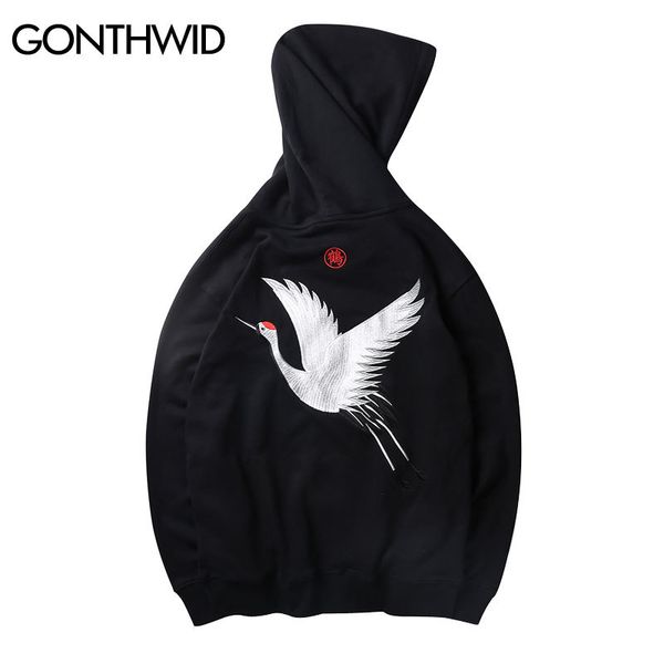 

gonthwid embroidery japanese crane hoodies men/women 2020 hip hop casual streetwear hooded sweatshirts harajuku male hoodie c1011, Black