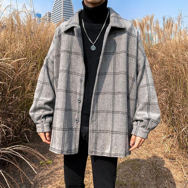 

plaid windbreaker youthful vitality loose anorak turn-down collar windbreaker coat single breasted men clothing trench bg50th, Tan;black