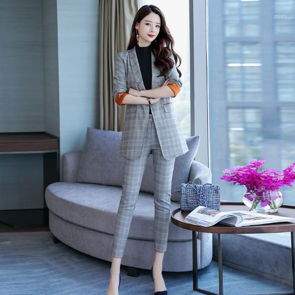 

spring autumn women plaid suit leisure small blazer + slim trousers two-piece temperament nine pencil pants set, White
