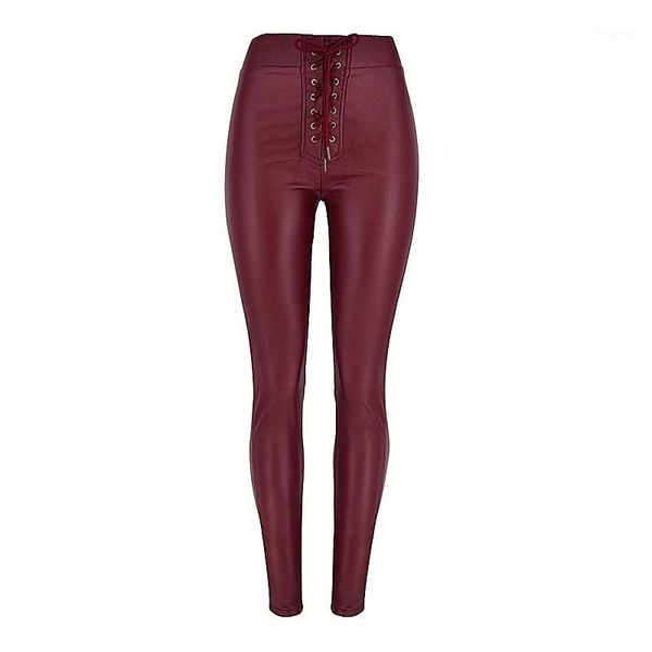 

high waist drawstring fake leather denim jeans women 2020 spring autumn fashion pencil red pu pants womens trousers female k3481, Blue