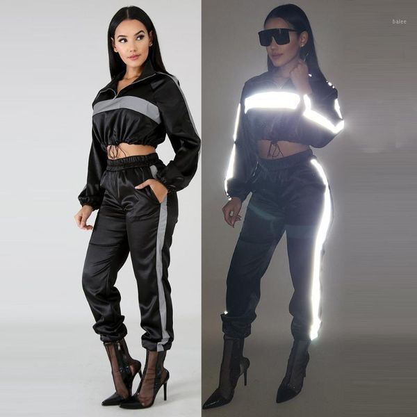 

two piece set glow in the dark women reflective sports suit crop bomber jacket hip hop haren zip up fitness outfit w80311, White