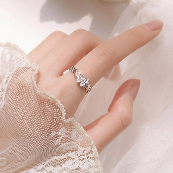

cluster rings 925 sterling silver four-leaf clover flower ring dazzling zircon opening adjustable engagement wedding anniversary gift, Golden;silver
