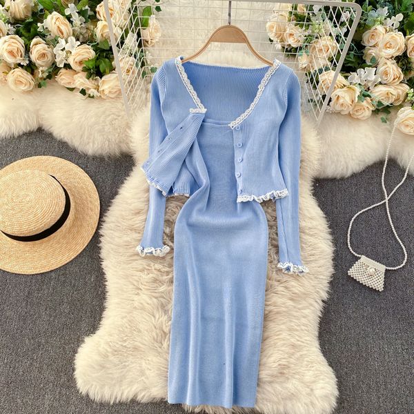 

2021 new female autumn knitting lace long-sleeve cardigan neckline thin elastic waistband dress suit parts 8oiw, Gray