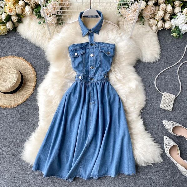 

fmfssom new a-line women halter denim dress vintage button backless streetwear dress korean fashion sleeveless chic party1, Black;gray