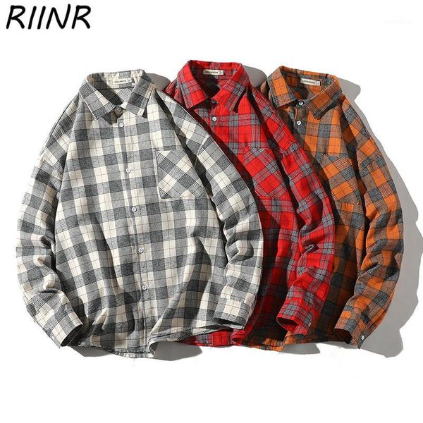 

riinr spring 2020 new men's large size three-color plaid long-sleeved shirt lapel urban men's clothing1, White;black