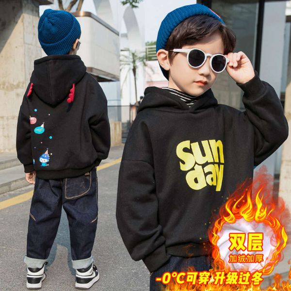 

collar and striped thickened plush two-piece hoodie 2020 new korean boys' net red children's bottom shirt 854t, Black