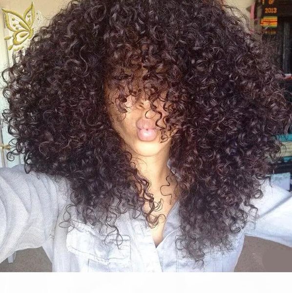 

afro kinky curly lace front human hair wigs with bangs brazilian full lace human hair wig curly for black women grade 8a, Black;brown