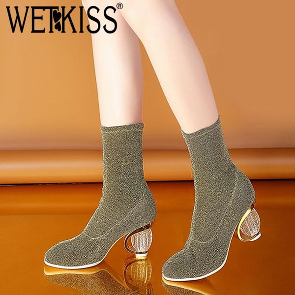 

wetkiss high heels women ankle sock boots stretch boot autumn square toe female shoes 2021 new strange style footwear big size, Black