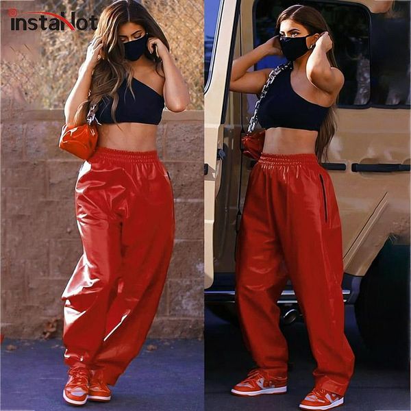 

women's pants & capris jryyt women faux leather straight pant trousers red streetwear casual elegant zipper pockets pantalones 2021, Black;white