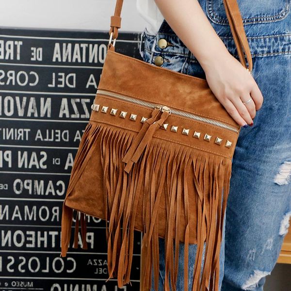

rivet women's shoulder bag vintage tassel fringe zipper ladies crossbody bag large capacity book pouch female travel