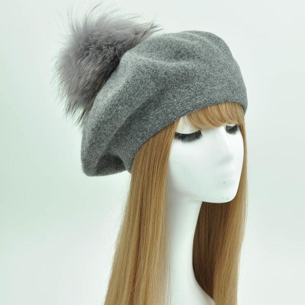 

winter female beret women hat 15cm real raccoon fur pompom beret wool cashmere natural fur ball women beret cap for women 201012, Blue;gray