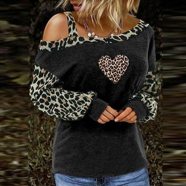 

women's blouses & shirts women heart leopard print patchwork long sleeve pullover casual one-shoulder strap blouse shirt autumn, White