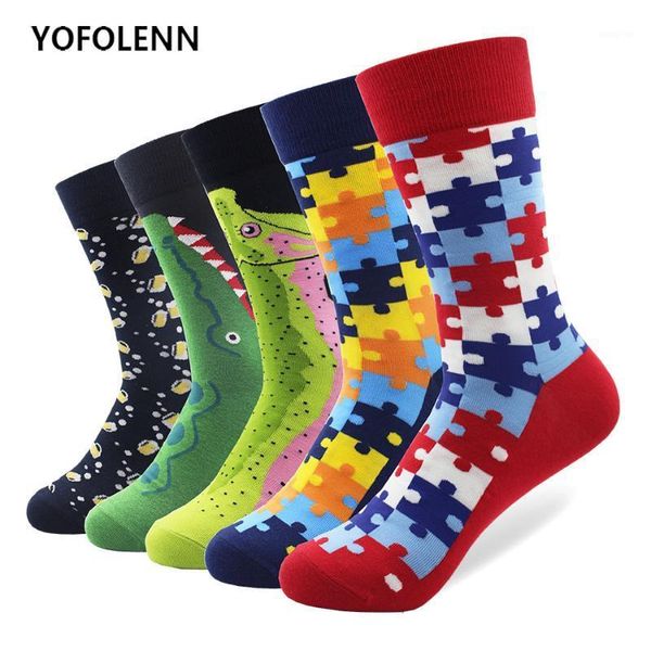 

5 pairs/lot men's classical funny combed cotton socks puzzle bear crocodile long casual crew socks happy crazy dress1, Black