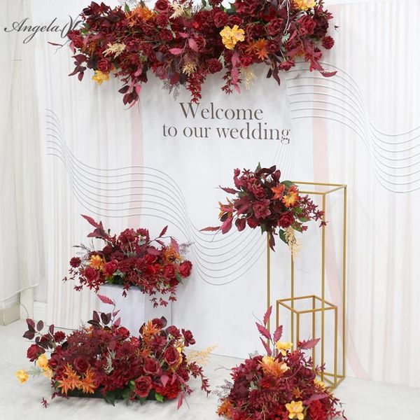 

custom red burgundy artificial flower arrangement wedding scene layout backdrop arch deco flower row/wall/ball table centerpiece1