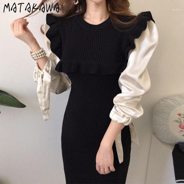 

matakawa french retro stitching women dress long sleeve fake two-piece slim dress was thin long knitted dresses women1, Black;gray