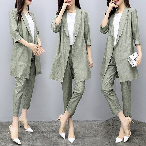 

fall 2019 new women's suit pants cotton hemp coat cotton and linen coatsuit coat capris casual fashion two piece celebrity dssmp, Gray