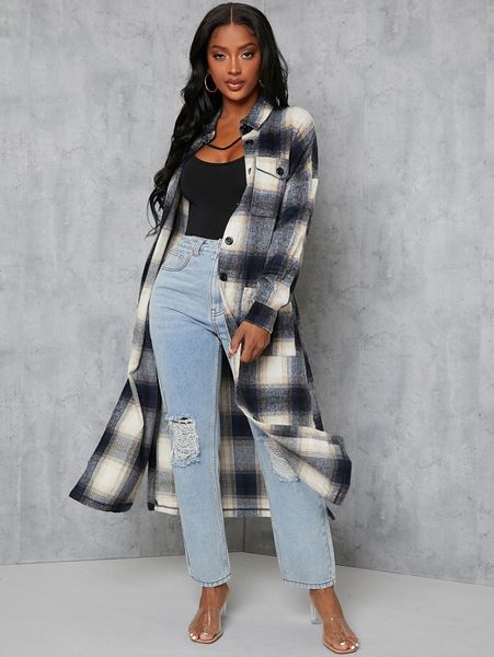

sxy plaid single breasted flap pockets overcoat 12vm#, Black