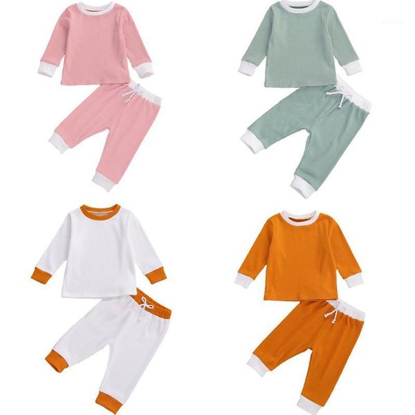 

newborn kid baby girl boy ribbed outfit long sleeve t-shirt drawstrings leggings pants ribbed clothes cute warm set 0-24m1, White