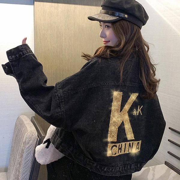 

2020 autumn new denim cropped jacket female students korean-style loose shiny letters all-match fashion, Tan;black