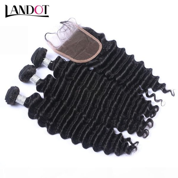 

peruvian deep wave curly virgin human hair weave 3 bundles with lace closure unprocessed remy hair extensions natural color can bleach & dye, Black