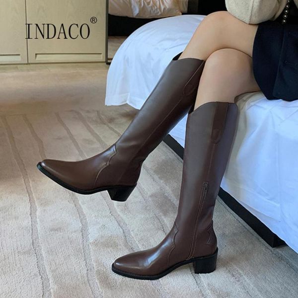 

quality boots women leather knee high boots thick heel thigh high side zipper long botas feminina, Black