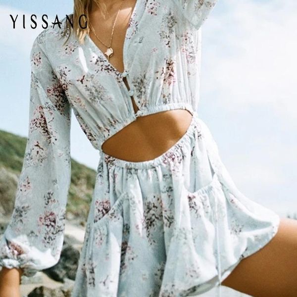 

yissang 2020 floral print summer button romper women jumpsuit deep v neck long sleeves playsuits floral print jumpsuits1, Black;white