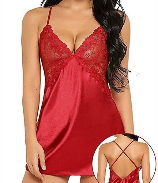 

lingerie faux silk nightgowns satin sleepwear night dress flare sleeve women sleeveless v neck nightdress nightwear99, Black;red