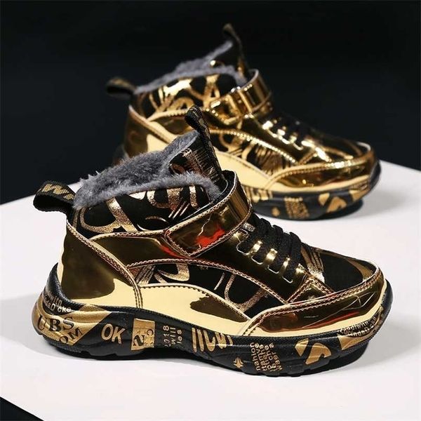

children shoes winter plush velvet boys sports fashion casual shoes girls mirror pu outdoor keep warm fur graffiti kids sneakers 220121, Black