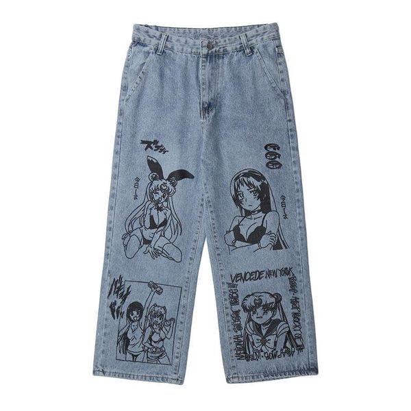 

men's jeans autumn denim pant cartoon beautiful girl warrior printed men and women harajuku streetwear hip hop straight trousers, Blue