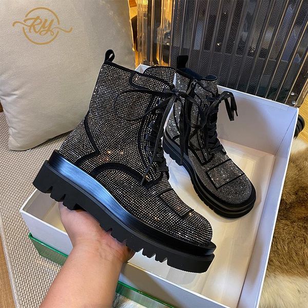 

ry-relaa europe station leather womens boots 2020 fashion platform rhinestone boots ins autumn and winter womens ankle new, Black