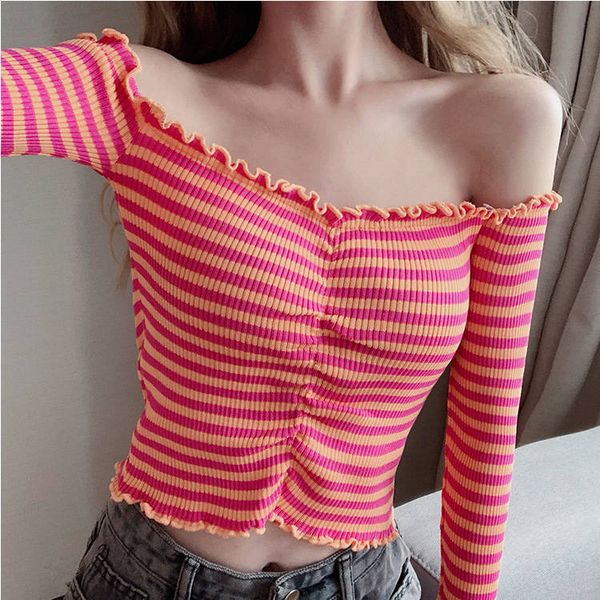 

2021 new female fashion autumn winter off the shoulder ruched cotton harvest sweater ladies long striped shirts pullovers dduq, Black;brown