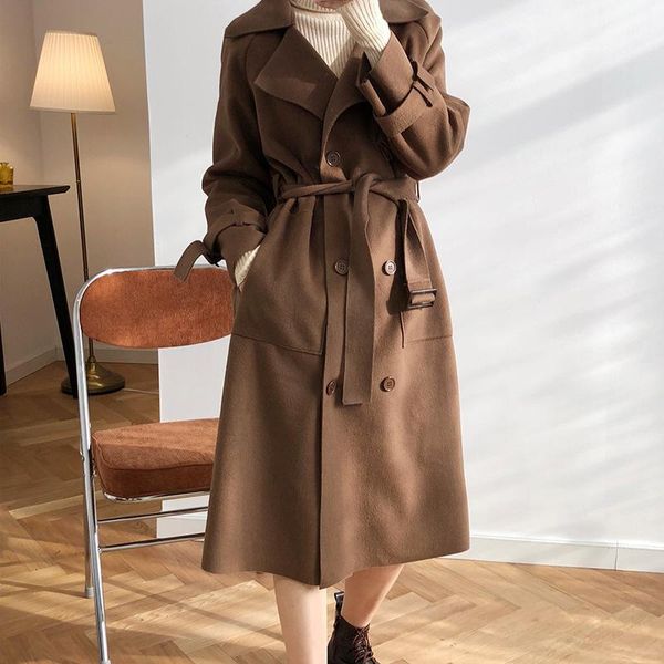 

hlhpyhb imitate double-faced cashmere winter women long overcoat coat femme elegant woolen trench double breasted loose outwear1, Black