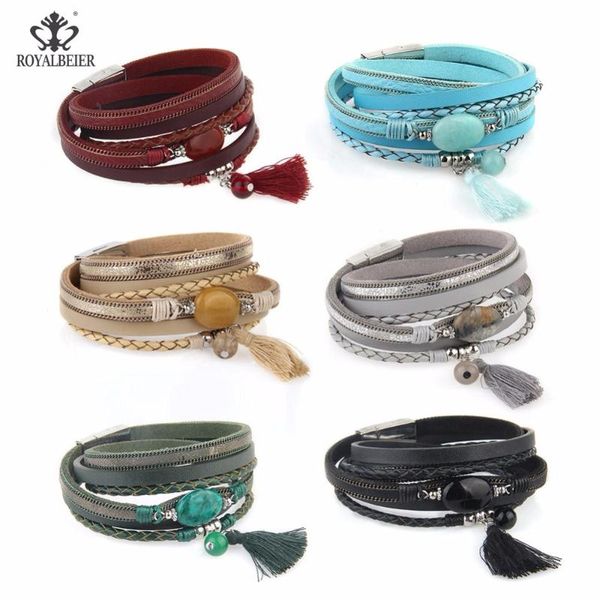 

charm bracelets royalbeier 1pc tassel bracelet multilayer genuine leather women stone charms bangle&bracelet gift for girl, Golden;silver
