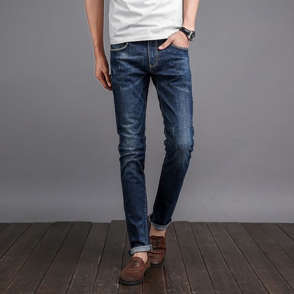 

brand fashion men's jeans washed feet shinny denim hip hop elastic waist pants, Blue