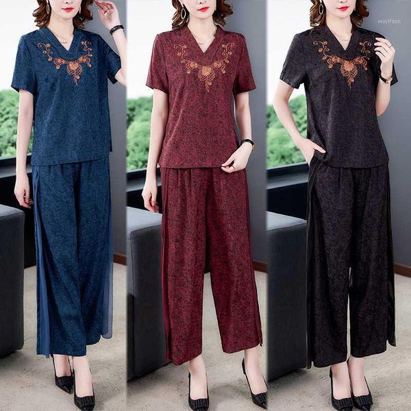 

sets for women summer 2020 new fashion casual two-piece set female short sleeve wide leg pants suit v-neck chinese style1, White