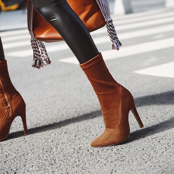 

boots elastic pointed toe stiletto short frosted suede brown 435678 large size anti-string blue wedding shoes1, Black