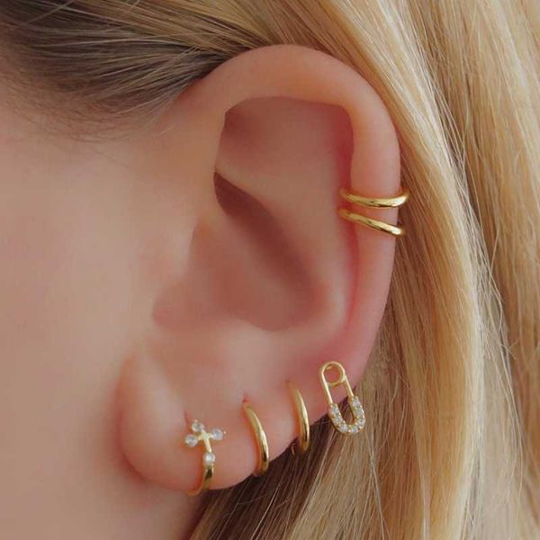 

hoop & huggie real 925 sterling silver mini cross shaped earring with cz paved for girl women fashion party jewelry gift wholesale, Golden;silver