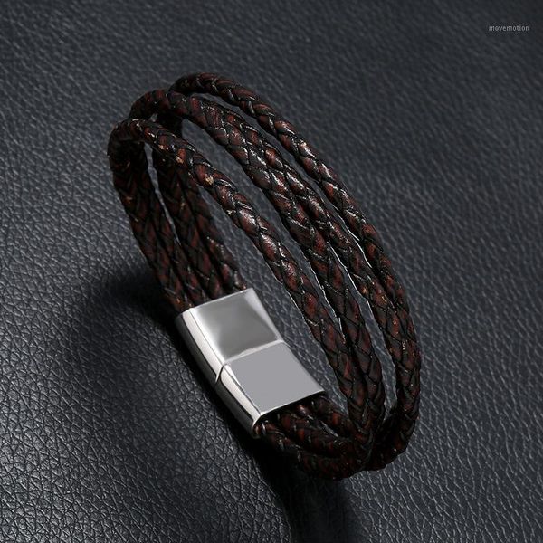 

multilayer braid brown genuine leather men bracelet silver color stainless steel magnetic clasps classic wristband male jewelry1, Golden;silver
