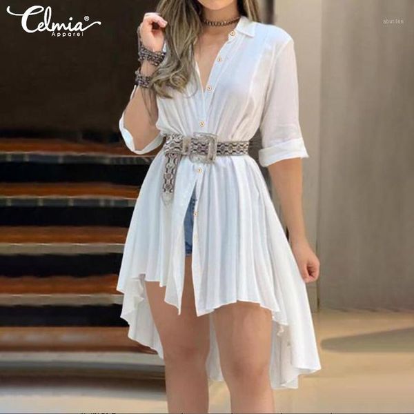 

women's blouses & shirts celmia women long white blouse 2021 summer asymmetrical tunic lapel neck pleated shirt solid female casual bl