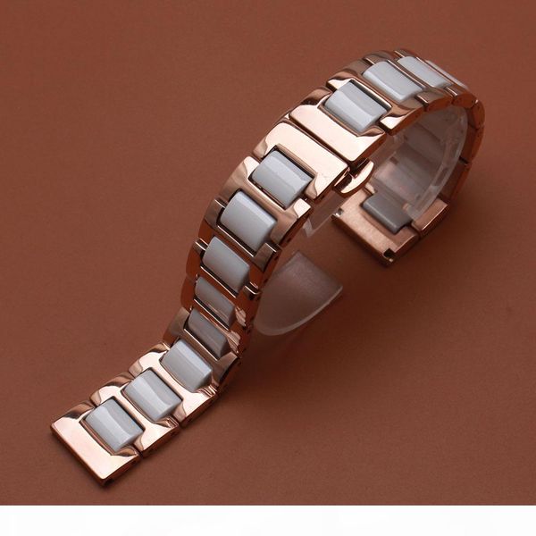 

straight ends watchband rosegold stainless steel metal wrap white ceramic watch bracelet strap fashion in summer 14mm 16mm 18mm 20mm 22mm, Black;brown