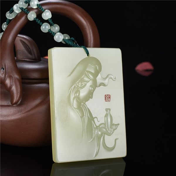 

xinjiang hetian green white jade guanyin pendant afghanistan, Silver