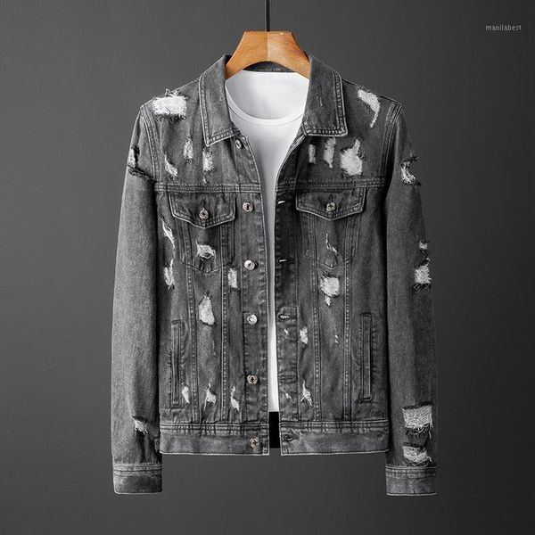 

2020 new spring men's tattered denim jacket youth self-lapel casual ripped denim jacket1, Black;brown