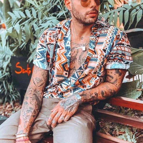 

shirts men's summer fashion casual lapel leopard short sleeve shirt blouse ethnic style camisas masculina, White;black