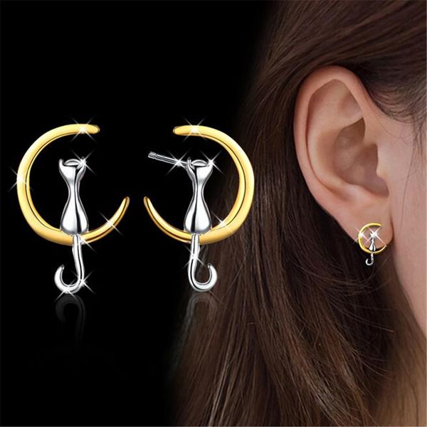 

stud wqqcr fashion jewelry earrings cute animal cat kitten cat's ear studs prisoner for women gift moon stand, Golden;silver