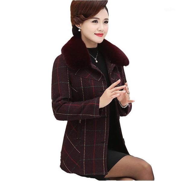 

fine women's autumn woolen coat new winter plaid trench coat short plus size loose fur collar ladies overcoat1, Black