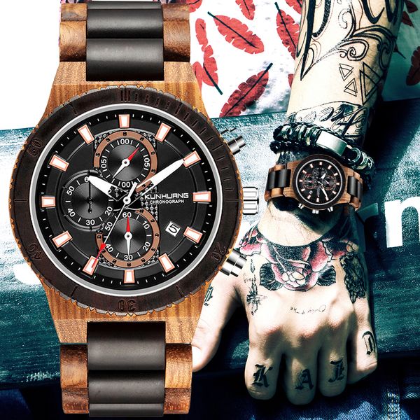 

quality real wood watch for men luxury multifunctional calendar date mens wooden band man sandalwood male wristwatch quartz watches reloj, Slivery;brown