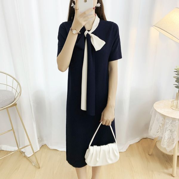 

dress women's summer french minority elegant temperament casual bow navy blue knitted national ribbon butterfly ribbon polo skirt qvmgf, Black;gray