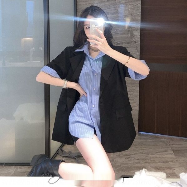 

v1hqw fashion internet celebrity jacket black short-sleeved short-sleeved small suit versatile boyfriend women loose striped casual shirt fo, Gray